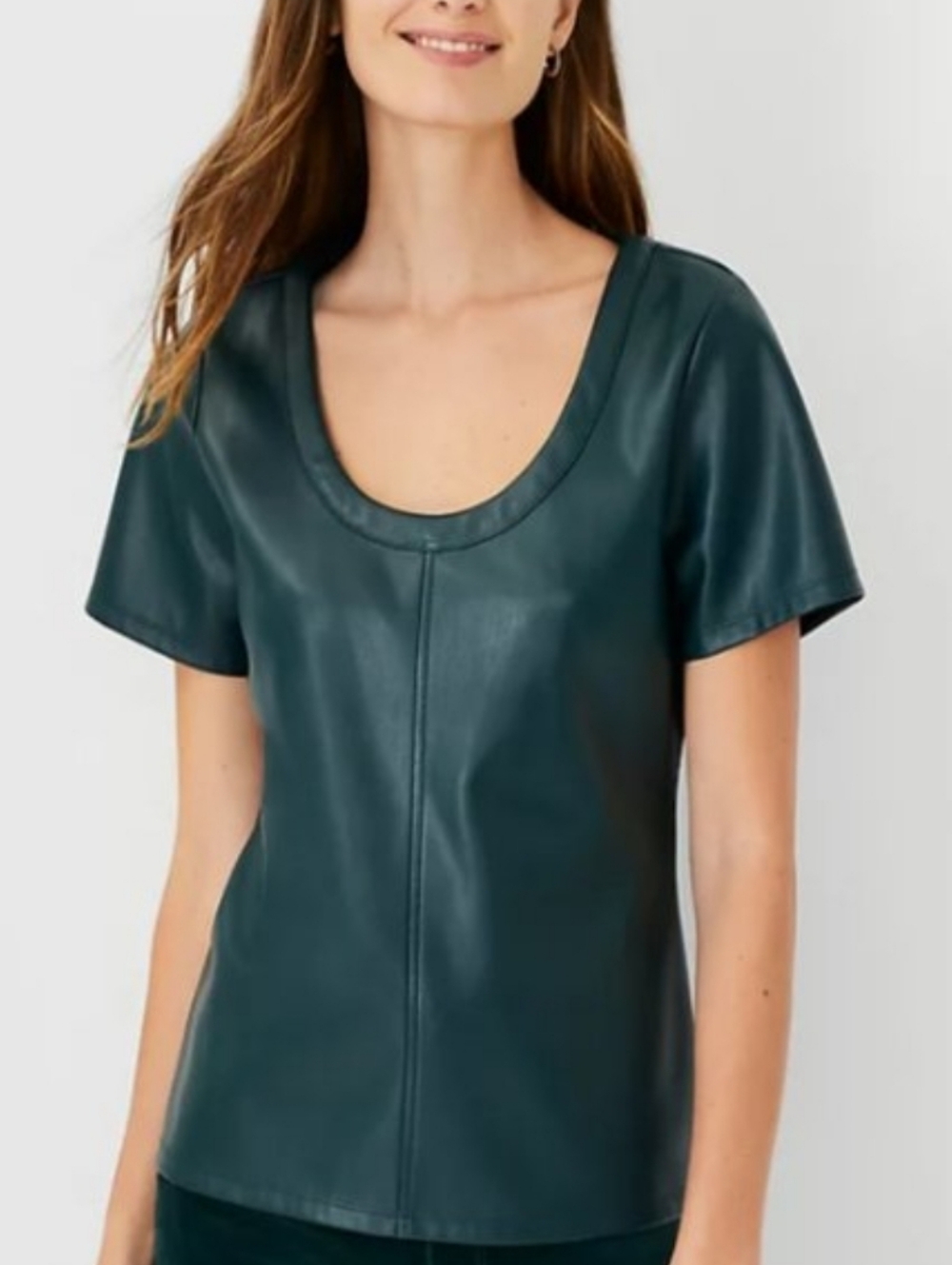 NWT Ann Taylor Faux Leather Scoop Neck Top Short Sleeve Dark Teal Jade MD
